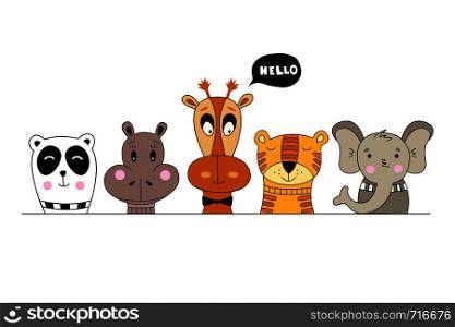 Hand drawn safari animals: panda, tiger,elephant, zebra, giraffe. Can be used for child poster, book, card, t-shirt.