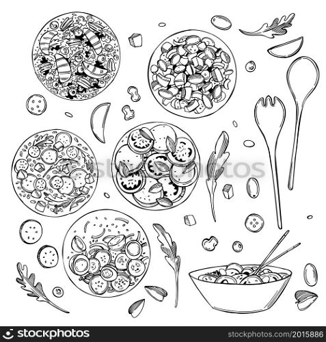 Hand drawn salad set. Vector sketch illustration.