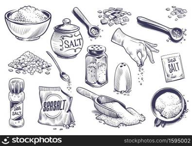 Hand drawn salt. Salting crystal, glass bottle with powder, spoon with spice, saltshaker sketch collection, himalayan or sea salt in engraved style set, cooking ingredient vector isolated illustration. Hand drawn salt. Salting crystal, glass bottle with powder, spoon with spice, saltshaker collection, himalayan or sea salt in engraved style set, cooking ingredient vector illustration