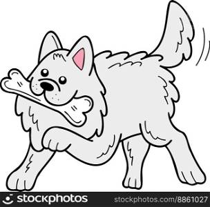 Hand Drawn Samoyed Dog holding the bone illustration in doodle style isolated on background