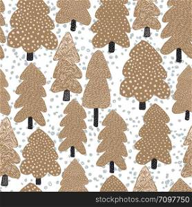 Hand drawn Scandinavian tree seamless pattern. Doodle forest background. Naive art style. Design for fabric, textile print, wrapping paper, children textile. Vector illustration. Hand drawn Scandinavian tree seamless pattern. Doodle forest background.