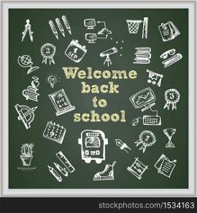 Hand drawn school icon on chalkboard. With text Welcome back to school. Vector illustration. Hand drawn school icon on chalkboard. With text Welcome back to school
