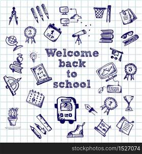 Hand drawn school icons and symbols on notebook page. With text Welcom back to school. Vector illustration. Hand drawn school icons and symbols on notebook page. With text Welcom back to school.