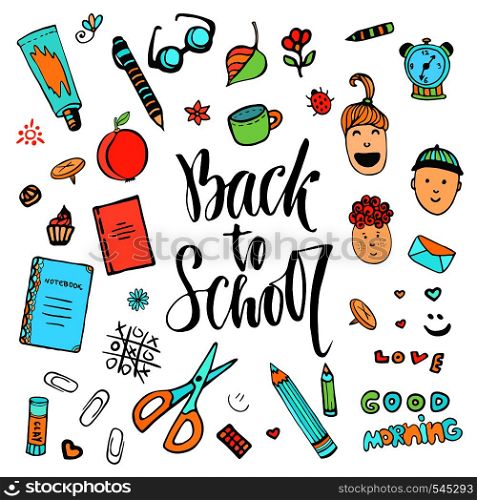 Hand drawn school stationery icon set. Vector collection in doodle style. Back to school.. Hand drawn school stationery icon set. Vector collection in doodle style. Back to school