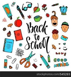 Hand drawn school stationery icon set. Vector collection in doodle style. Back to school.. Hand drawn school stationery icon set. Vector collection in doodle style. Back to school