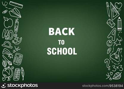 Hand-drawn school supplies on a green background. Back to school. Vector illustration in doodle style. Hand-drawn school supplies on a green background. Back to school. Vector illustration in doodle style.