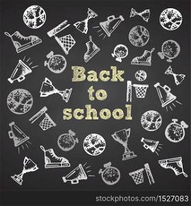 Hand drawn school symbol on black chalkboard. With text Welcome Back to school Vector illustration. Hand drawn school symbol on black chalkboard. With text Back to school