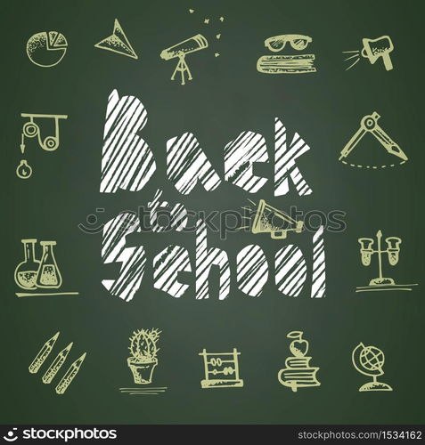 Hand drawn school symbol on green chalkboard. With text Back to school. Vintage background. Chalkboard design.Vector illustration. Hand drawn school symbol on green chalkboard. With text Back to school. Vintage background. Chalkboard design