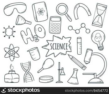 Hand drawn science set. Subjects and attributes of physics, chemistry and biology doodle sketch style. Scientific element collection, clip art vector illustration. Hand drawn science set vector illustration