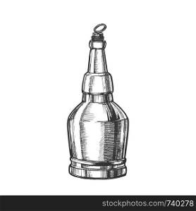Hand Drawn Screw Cap Closed Bottle Of Beer Vector. Design Sketch Retro Bottle Of Alcoholic Drink Or Carbonated Water. Concept Monochrome Glass Container And Ring On Top Template Cartoon Illustration. Hand Drawn Screw Cap Closed Bottle Of Beer Vector
