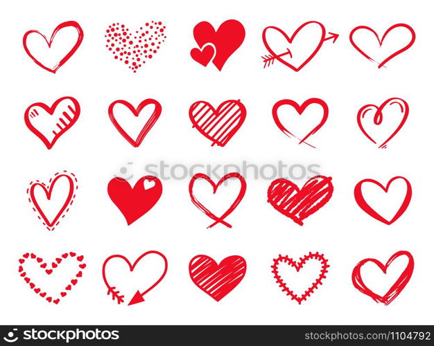 Hand drawn scribble hearts. Painted heart shaped elements for valentines day greeting card. Doodle red love hearts isolated vector icons set. Romantic sticker pack. Dotted and brush hearts. Hand drawn scribble hearts. Painted heart shaped elements for valentines day greeting card. Doodle red love hearts isolated vector icons set. Collection on romantic symbols on white background