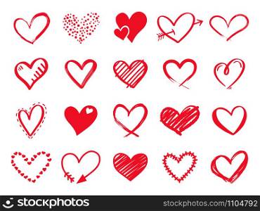Hand drawn scribble hearts. Painted heart shaped elements for valentines day greeting card. Doodle red love hearts isolated vector icons set. Romantic sticker pack. Dotted and brush hearts. Hand drawn scribble hearts. Painted heart shaped elements for valentines day greeting card. Doodle red love hearts isolated vector icons set. Collection on romantic symbols on white background
