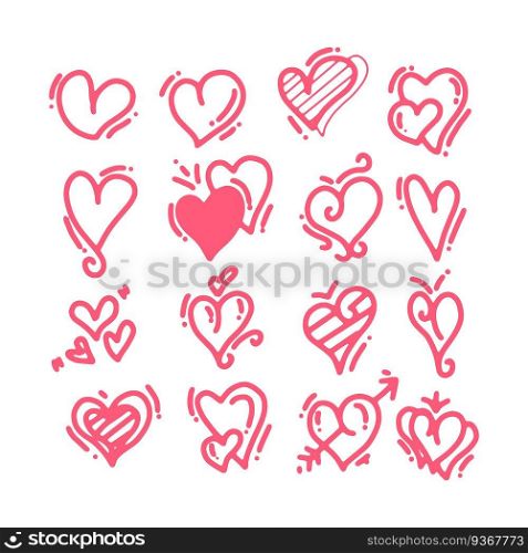 Hand drawn scribble hearts. painted heart shaped elements for valentines day greeting card. doodle red love hearts icons set. collection on romantic symbols on white background