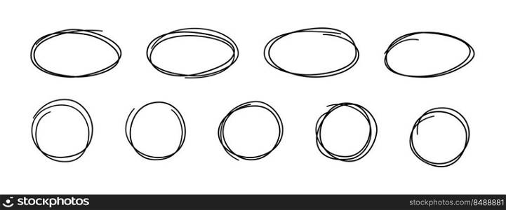 Hand drawn scribble lcircles and ovals. Doodle sketch underlines. Highlight circle frames. Ellipses in doodle style. Set of vector illustration isolated on white background.. Hand drawn scribble circles and ovals. Doodle sketch underlines. Highlight circle frames. Ellipses in doodle style. Set of vector illustration isolated on white background