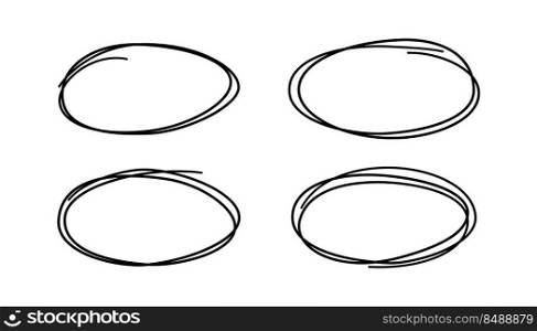 Hand drawn scribble ovals. Doodle sketch underlines. Highlight circle frames. Ellipse in doodle style. Set of vector illustration isolated on white background.. Hand drawn scribble ovals. Doodle sketch underlines. Highlight circle frames. Ellipse in doodle style. Set of vector illustration isolated on white background