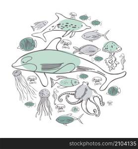 Hand drawn sea fish in a circle. Vector sketch illustration.. Hand drawn sea fish. Vector illustration.