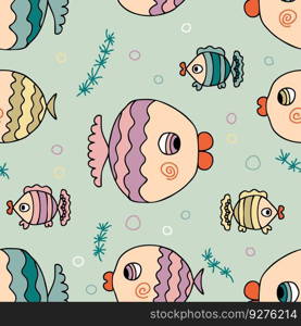 Hand drawn sea fishes seamless pattern in doodle style. Perfect print for tee, textile, paper and fabric. Cute vector illustration for decor and design.