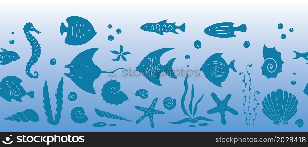 Hand drawn sea life seamless border. Vector illustration.