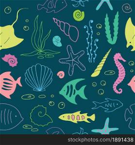 Hand drawn sea life seamless pattern. Vector illustration.