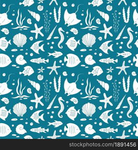 Hand drawn sea life seamless pattern. Vector illustration.