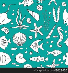 Hand drawn sea life seamless pattern. Vector illustration.