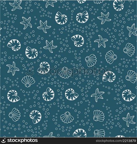 Hand drawn sea life white elements isolated on blue background. Seamless pattern in doodle style. Sea underwater background. Simple element illustration. Silhouette isolated. Abstract background.. Doodle sea life seamless pattern for any design purposes.
