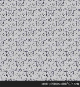 Hand drawn sea shell and starfish seamless pattern background. Vector illustration. Hand drawn sea shell and starfish seamless pattern