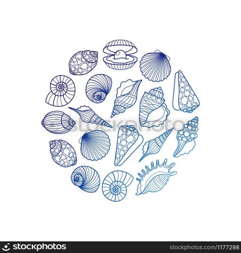 Hand drawn sea shell round emblem vector illustration. Sea shell round emblem