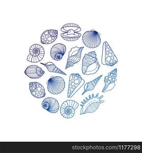 Hand drawn sea shell round emblem vector illustration. Sea shell round emblem
