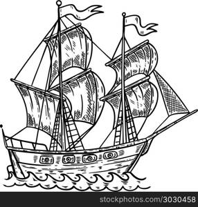 Hand drawn sea ship illustration on white background. Design element for poster, card, t shirt, emblem. Vector image. Hand drawn sea ship illustration on white background. Design element for poster, card, t shirt, emblem.