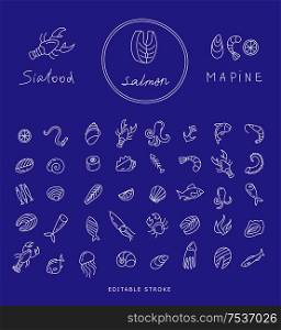 Hand drawn seafood icon - outline vector for restaurant menu. Editable stroke illustration. Fish and seafood