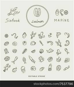 Hand drawn seafood icon - outline vector for restaurant menu. Editable stroke illustration. Fish and seafood