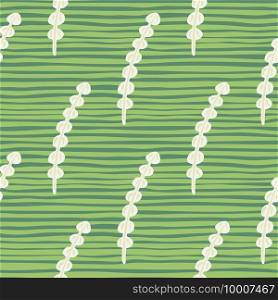 Hand drawn seamless abstract pattern with white seaweed silhouettes ornament. Green striped background. Perfect for fabric design, textile print, wrapping, cover. Vector illustration.. Hand drawn seamless abstract pattern with white seaweed silhouettes ornament. Green striped background.