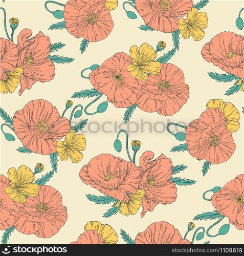 Hand drawn seamless background pattern in vintage style with poppies and wildflowers. Fabric wallpaper print texture. Vector illustration. Floral bouquet decoration. Garden flowers.