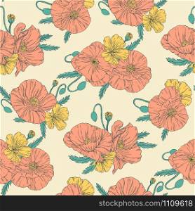 Hand drawn seamless background pattern in vintage style with poppies and wildflowers. Fabric wallpaper print texture. Vector illustration. Floral bouquet decoration. Garden flowers.