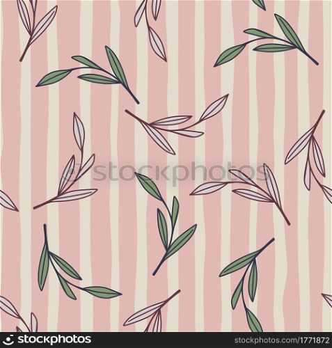 Hand drawn seamless botanic pattern with outline leaves shapes. Pink striped background. Nature print. Perfect for fabric design, textile print, wrapping, cover. Vector illustration.. Hand drawn seamless botanic pattern with outline leaves shapes. Pink striped background. Nature print.