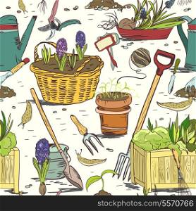 Hand drawn seamless gardening tools for plants flowers farming and agriculture pattern background vector illustration