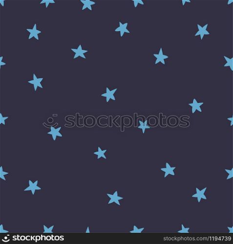 Hand drawn seamless kids pattern. Blue stars of different shapes on a dark background. Print of clothes or wallpaper in the room. Cute doodle vector illustration.
