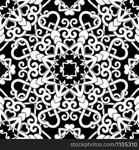 Hand drawn seamless pattern abstract ornament. Black and white decorative elements. Oriental motifs. Perfect for wallpaper, adult coloring books, web page background, surface textures.. Doodles Floral Seamless Pattern