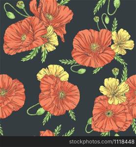 Hand drawn seamless pattern in vintage style with poppies and wildflowers on a dark background. Fabric wallpaper print texture. Vector illustration. Floral bouquet decoration. Garden flowers.