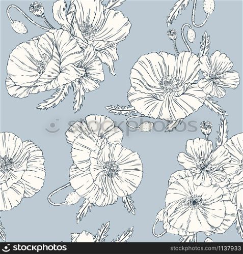 Hand drawn seamless pattern in vintage style with poppies and wildflowers on a light background. Fabric wallpaper print texture. Vector illustration. Floral bouquet decoration. Garden flowers.