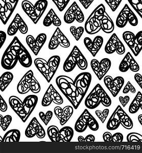 Hand drawn seamless pattern isolated on white. Endless vector primitive background with black hearts. Stylish monochrome doodles. Vector illustration.. Hand drawn seamless pattern with hearts isolated on white.