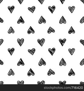 Hand drawn seamless pattern isolated on white. Endless vector primitive background with black hearts. Stylish monochrome doodles. Vector illustration.. Hand drawn seamless pattern with hearts isolated on white.