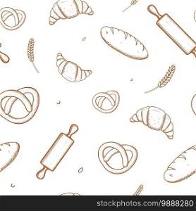 Hand drawn seamless pattern of bread and bakery products. Baked goods vintage background with bread, croissant, pretzel, rolling pin, crops, wheat ears. Variable color isolated Vector illustration.. Hand drawn seamless pattern of bread and bakery products. Baked goods background. Vector illustration.