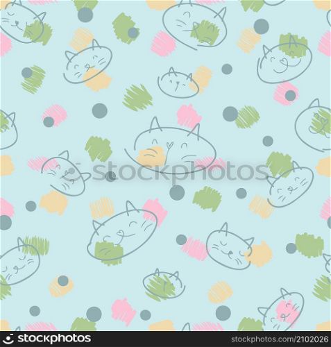 Hand drawn seamless pattern of cats, colorful spots and drops. Perfect for T-shirt, textile and print. Doodle vector illustration for decor and design.