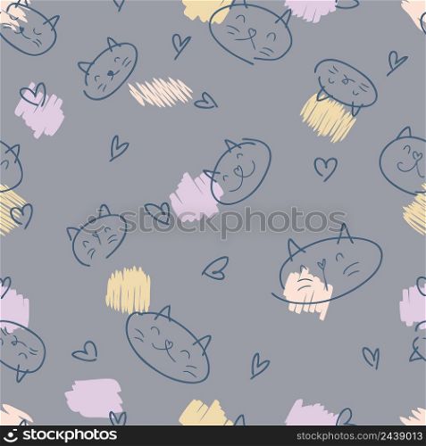 Hand drawn seamless pattern of cats, hearts and colorful spots. Perfect for T-shirt, textile and print. Doodle vector illustration for decor and design.