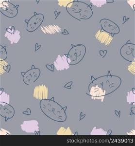 Hand drawn seamless pattern of cats, hearts and colorful spots. Perfect for T-shirt, textile and print. Doodle vector illustration for decor and design.