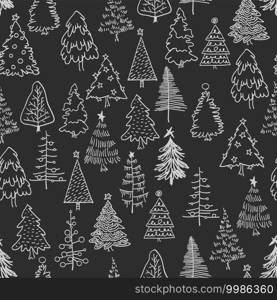 Hand drawn seamless pattern of Christmas trees. Holidays symbols. Abstract doodle drawing of christmas symbol. Holiday background seamless.