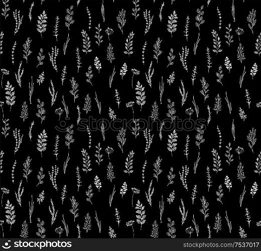 Hand drawn seamless pattern of culinary herb. Basil, mint, rosemary, sage, thyme, parsley, oregano, onion. Food design elements. culinary herbs set