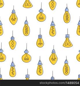 Hand drawn seamless pattern of Light Bulbs. Different color loft lamps in doodle style. Vector illustration on white background. Hand drawn seamless pattern of Light Bulbs. Color Loft lamps in doodle style.